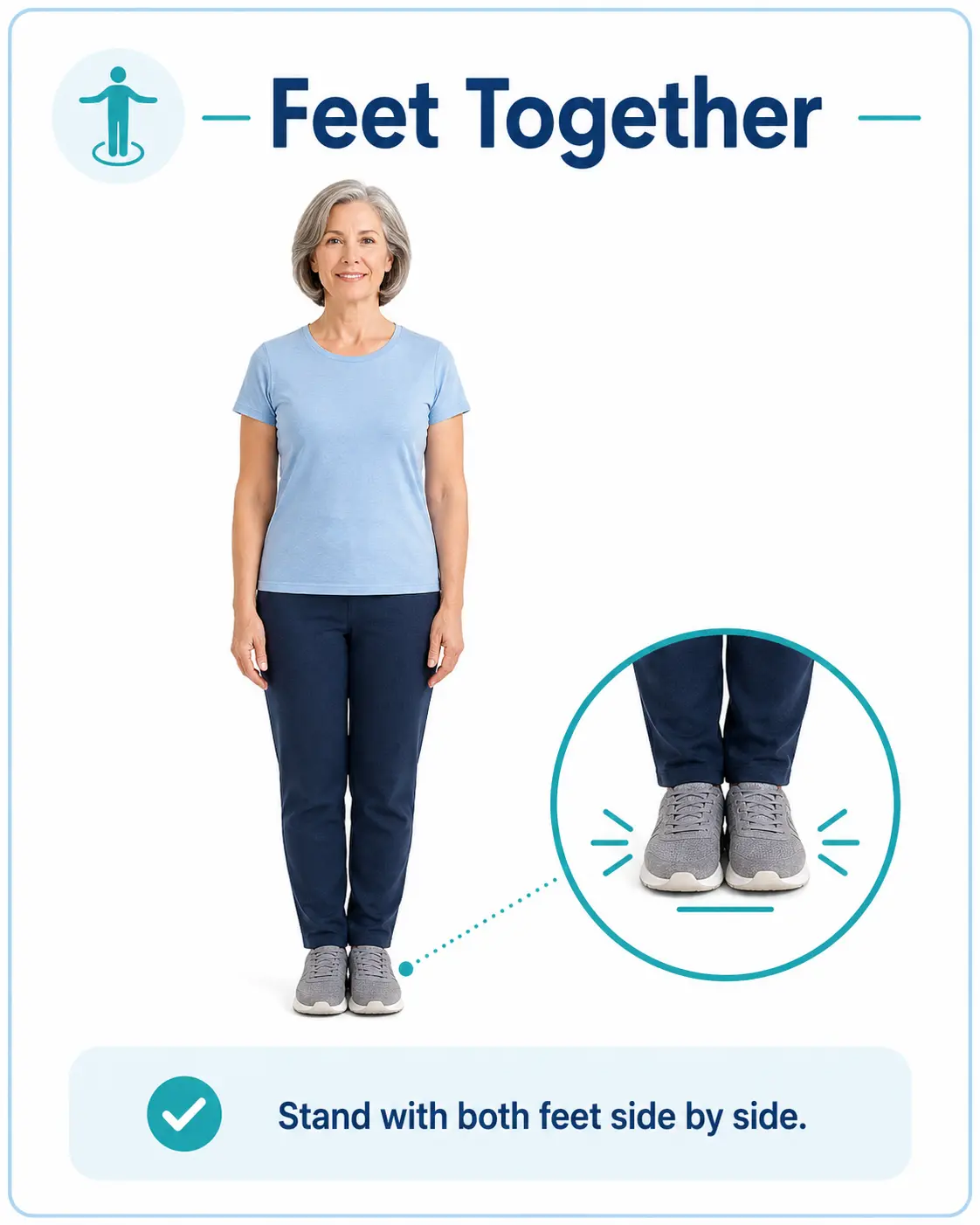 Senior standing with feet together beside a sturdy chair for a balance self-check