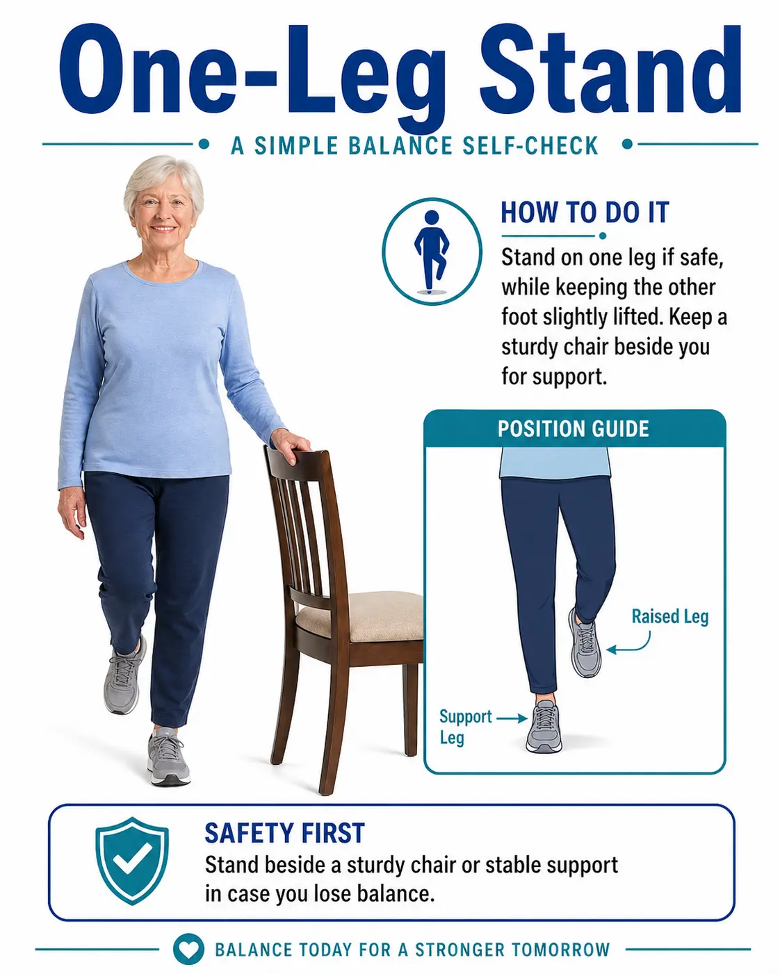 Senior performing one-leg stand beside a sturdy chair for a balance self-check