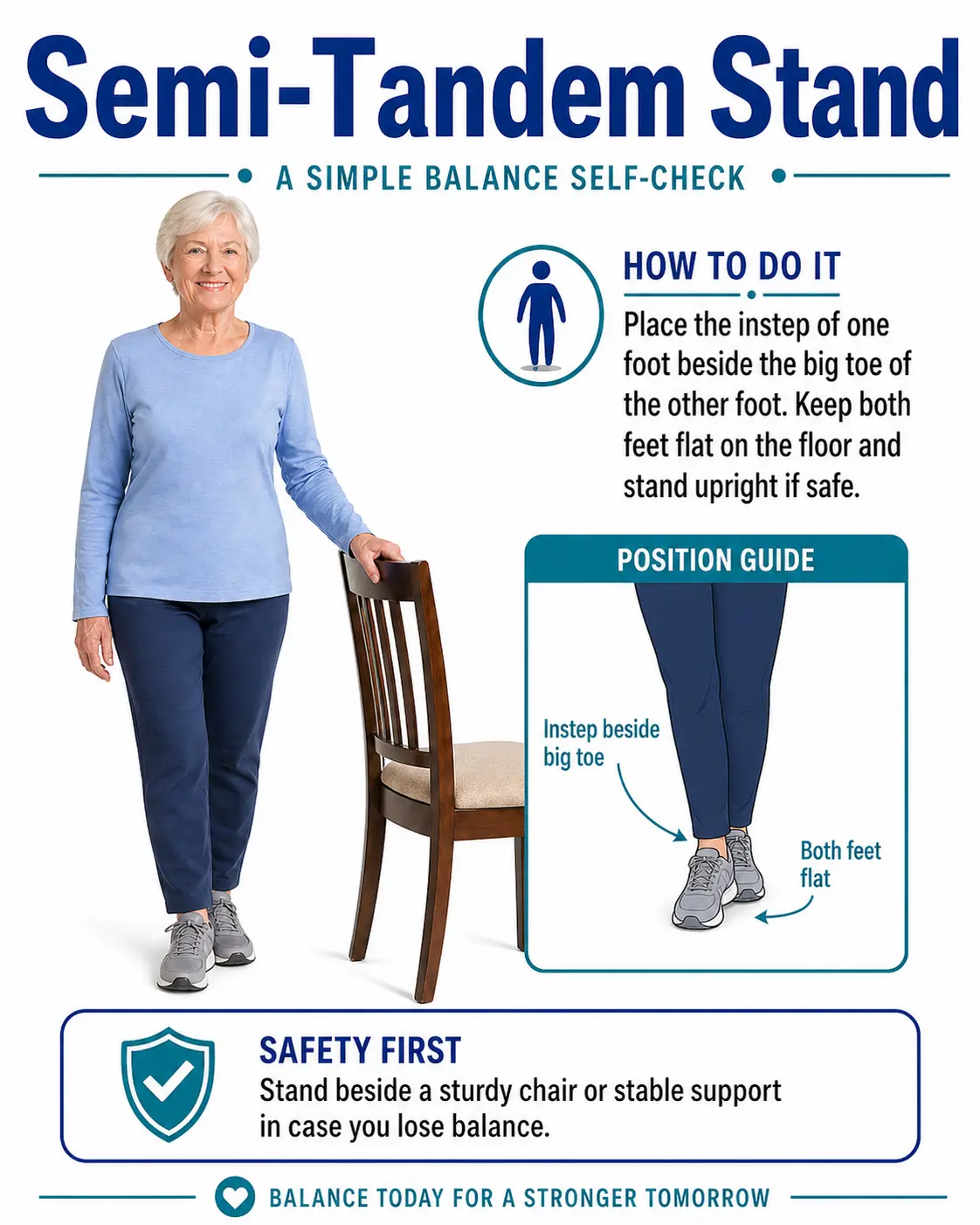 Senior performing semi-tandem stand beside a sturdy chair for a balance self-check