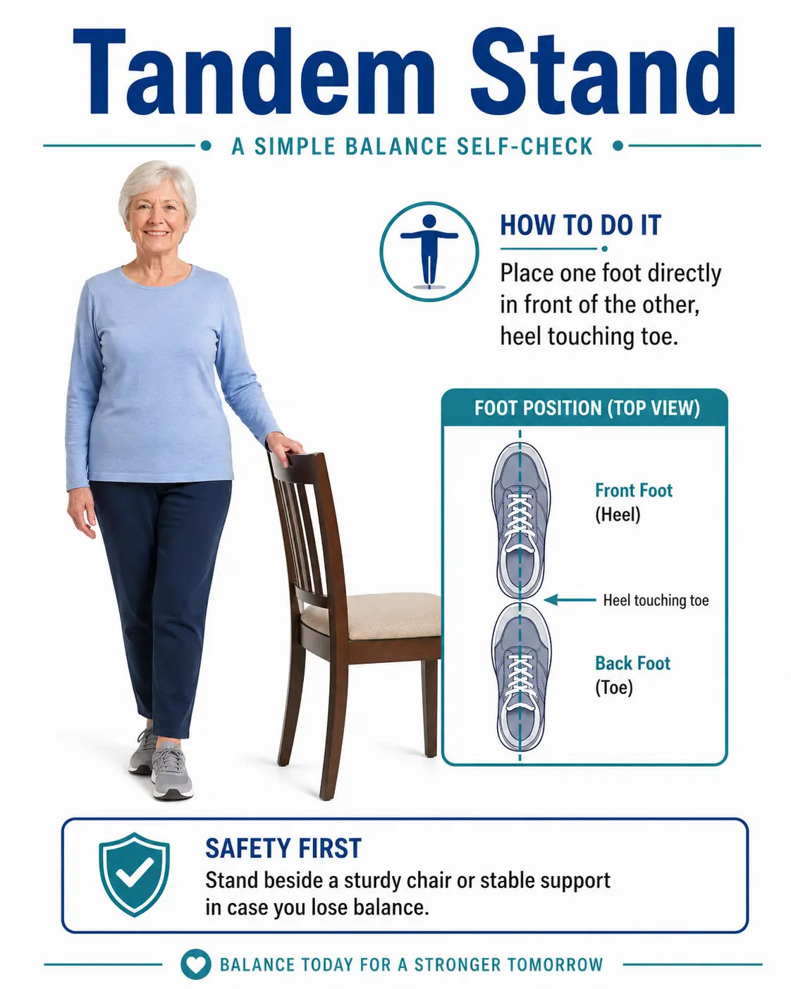 Senior performing tandem stand beside a sturdy chair with heel touching toe for a balance self-check