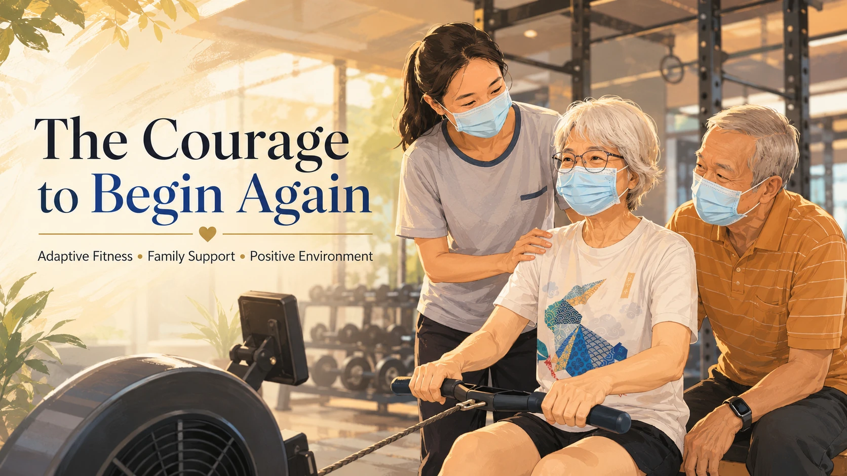 Adaptive fitness illustration showing a stroke survivor rebuilding confidence with family support and a positive exercise environment