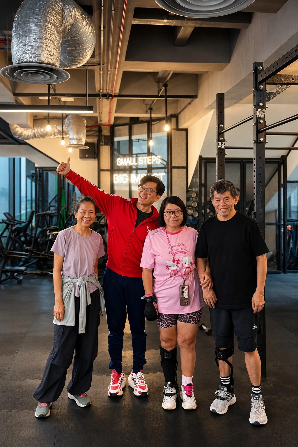 UFitness stroke awareness photo with Maya, Terence and Andrew Koh in a gym setting