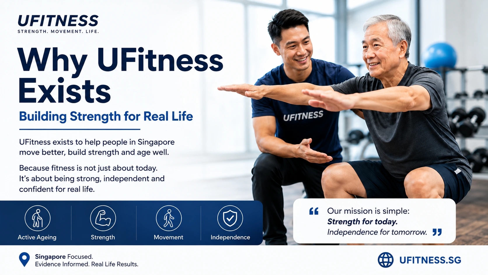 UFitness Singapore trainer guiding a senior through strength and movement training for active ageing independence and real-life fitness