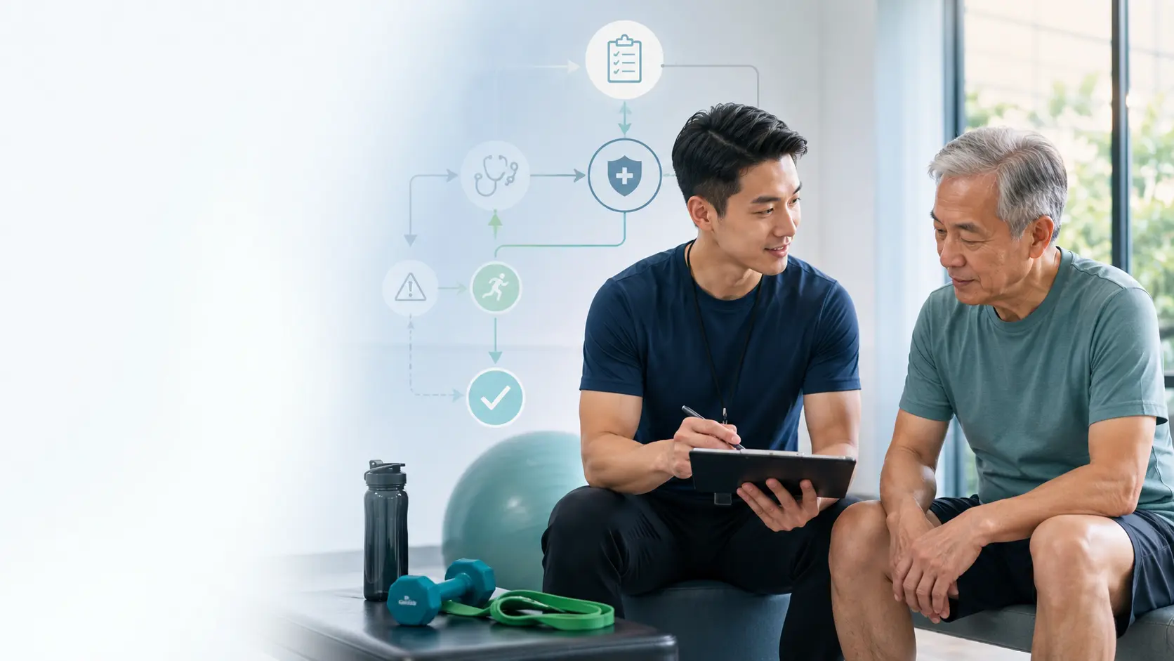 Fitness coach discussing pre-exercise health screening with an older client before training