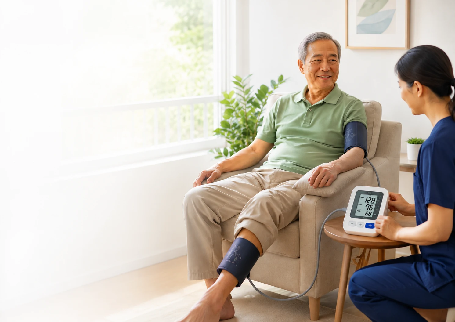 Senior adult undergoing ankle-brachial index screening with arm and ankle blood pressure cuffs