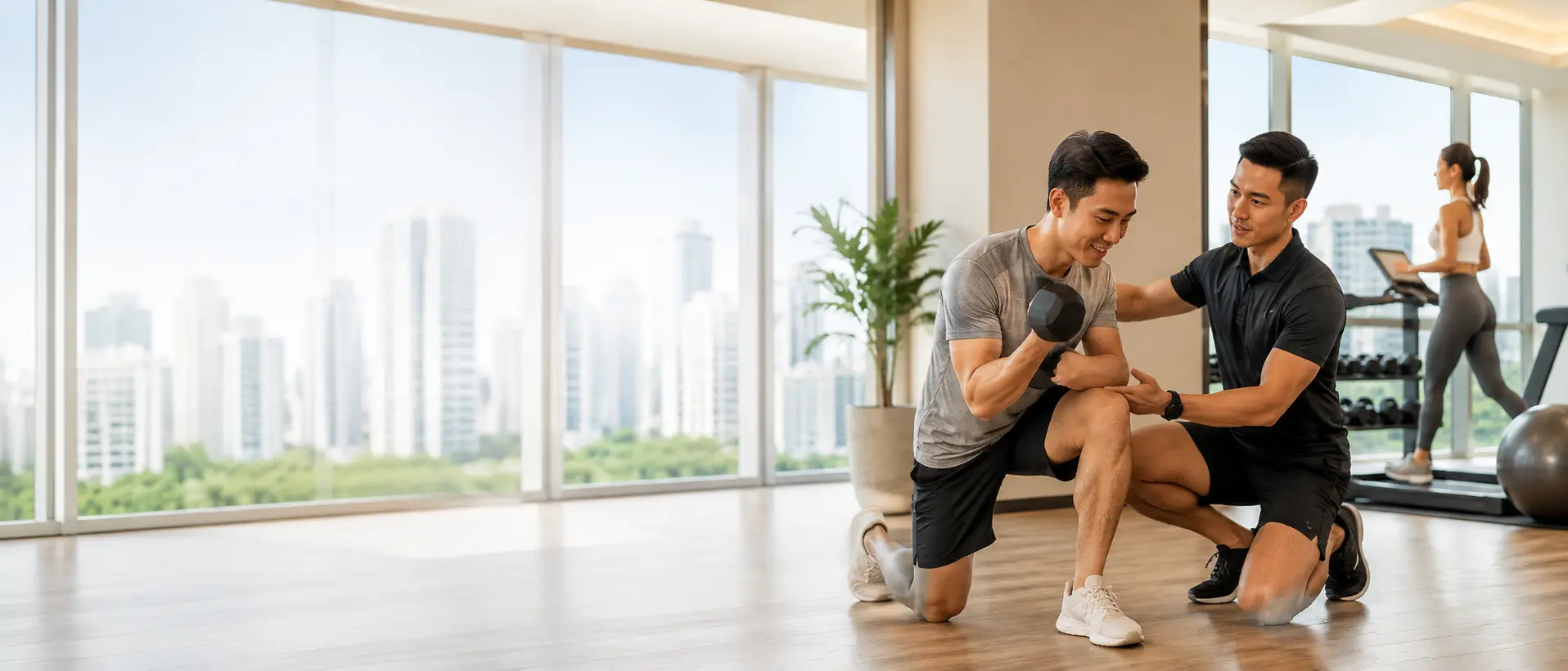 Condo gym personal trainer in Singapore guiding a client with strength training in a modern private residential gym