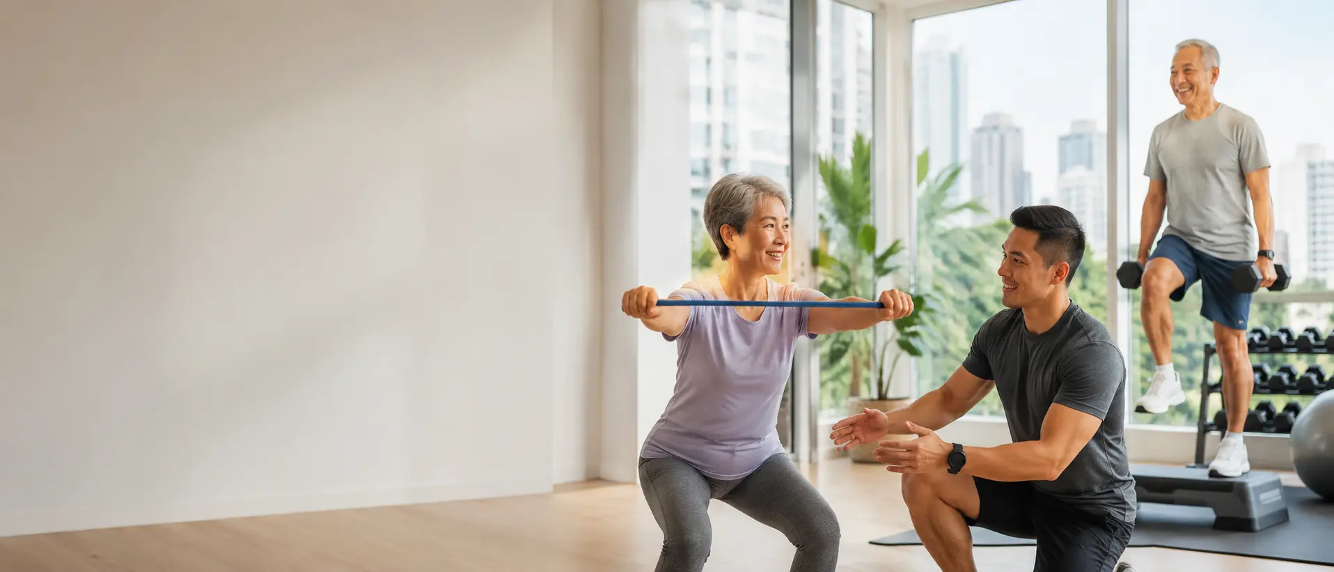 Home personal training Singapore with UFitness private coach supporting senior-friendly strength, mobility and balance training in a condo gym setting
