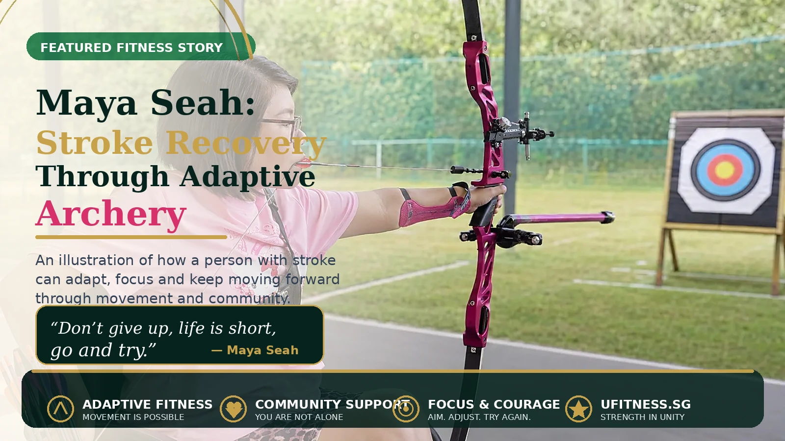 Maya Seah stroke recovery through adaptive archery featured blog title design for UFitness Singapore