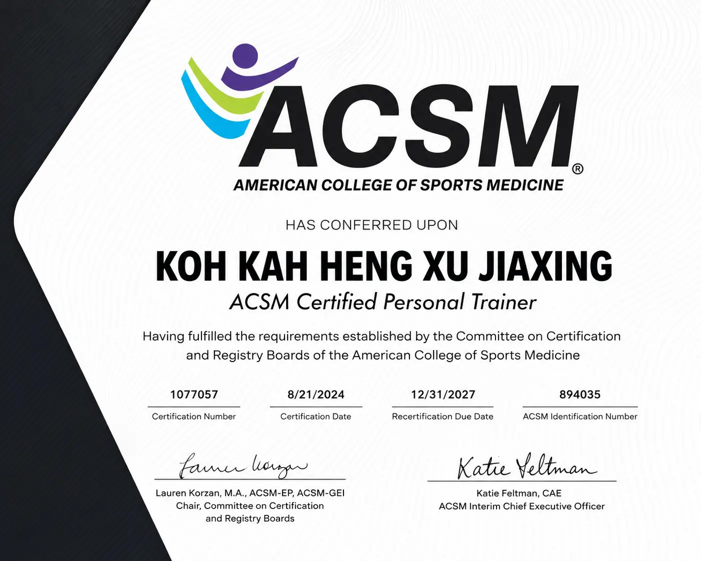 ACSM Certified Personal Trainer certificate awarded to Koh Kah Heng Xu Jiaxing