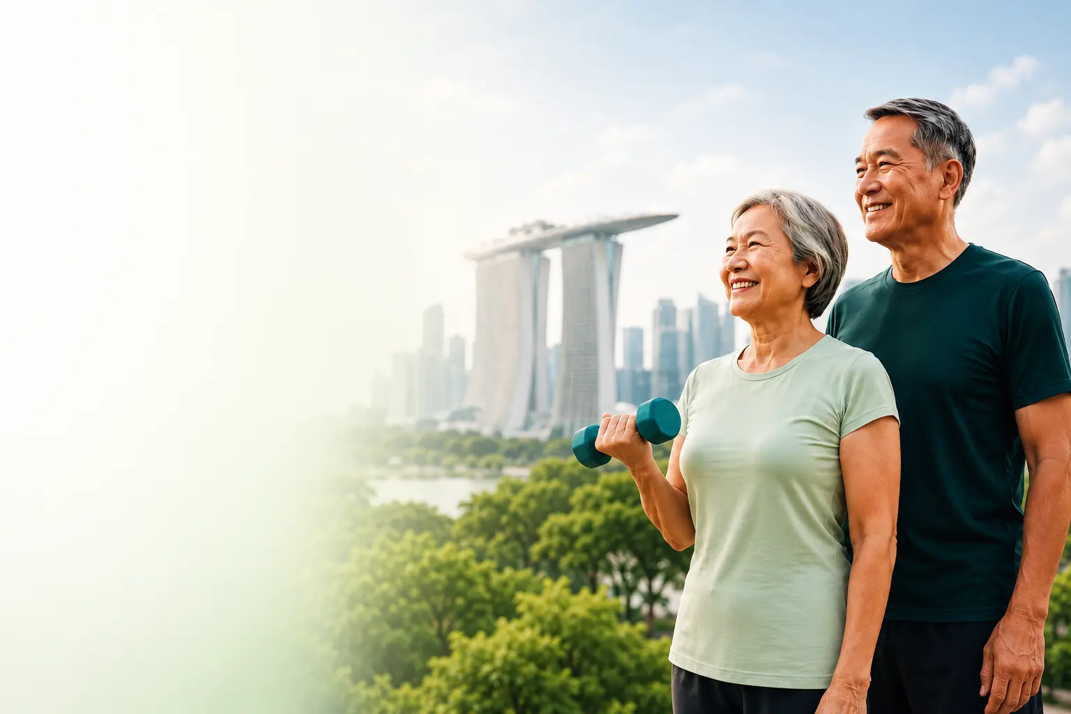 Active older adults exercising with the Singapore skyline in the background