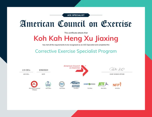 ACE Corrective Exercise Specialist Programme certificate