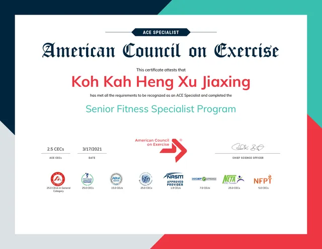 ACE Senior Fitness Specialist Programme certificate