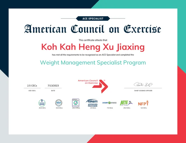 ACE Weight Management Specialist Programme certificate