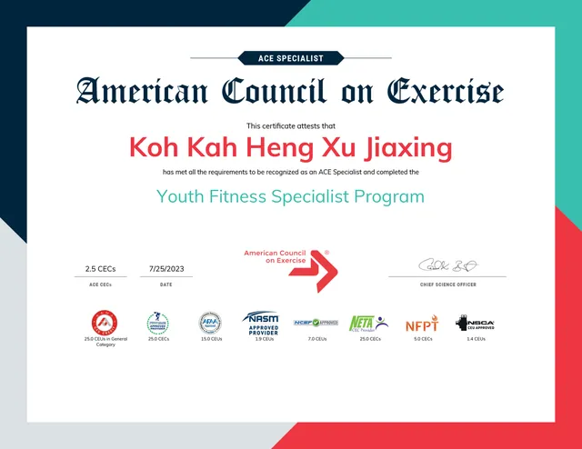 ACE Youth Fitness Specialist Programme certificate
