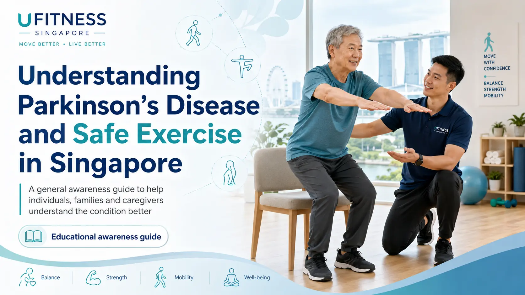 Older Asian adult practising a supported sit-to-stand exercise with a fitness professional in Singapore