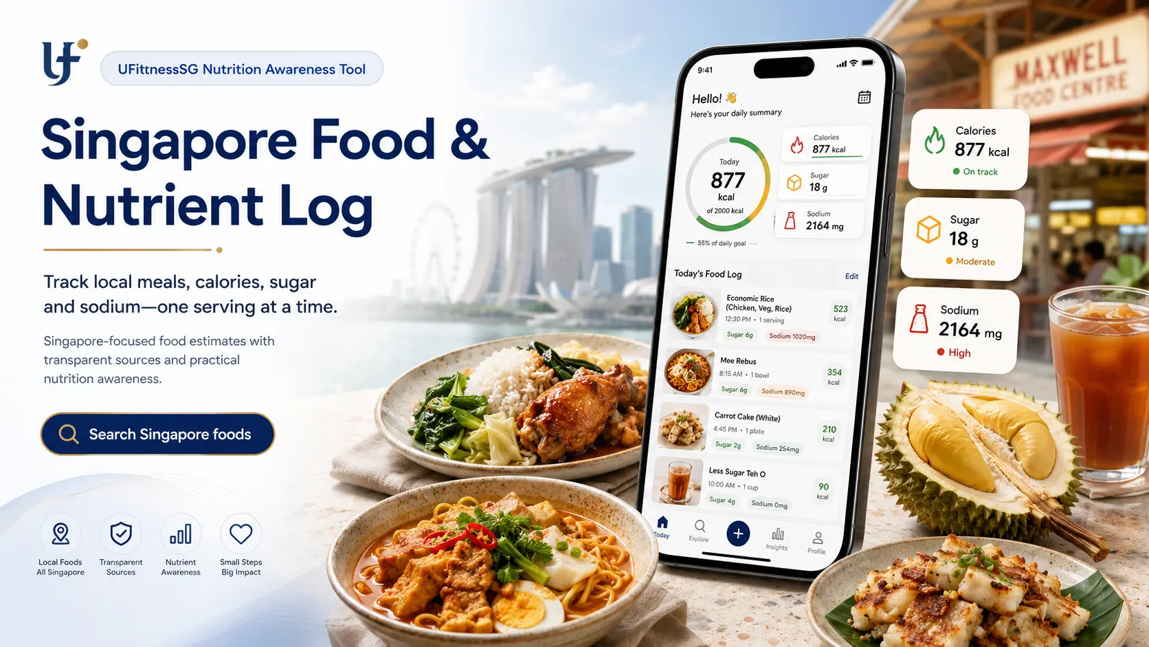 UFitnessSG Singapore Food and Nutrient Log showing local meals, calories, sugar and sodium tracking
